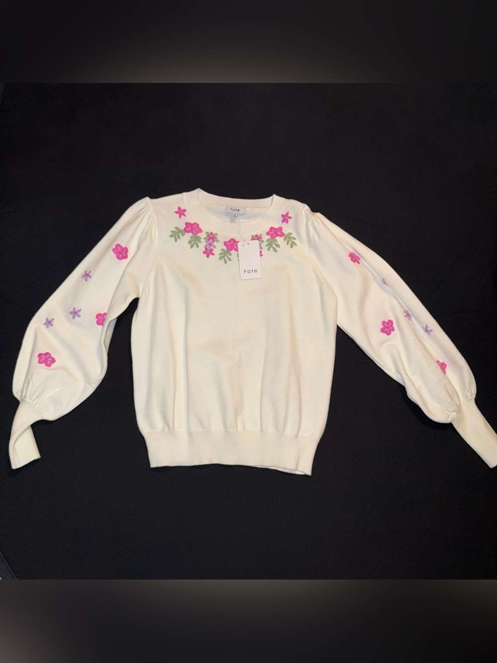 Fate Cream Sweater with Pink Floral Embroidery